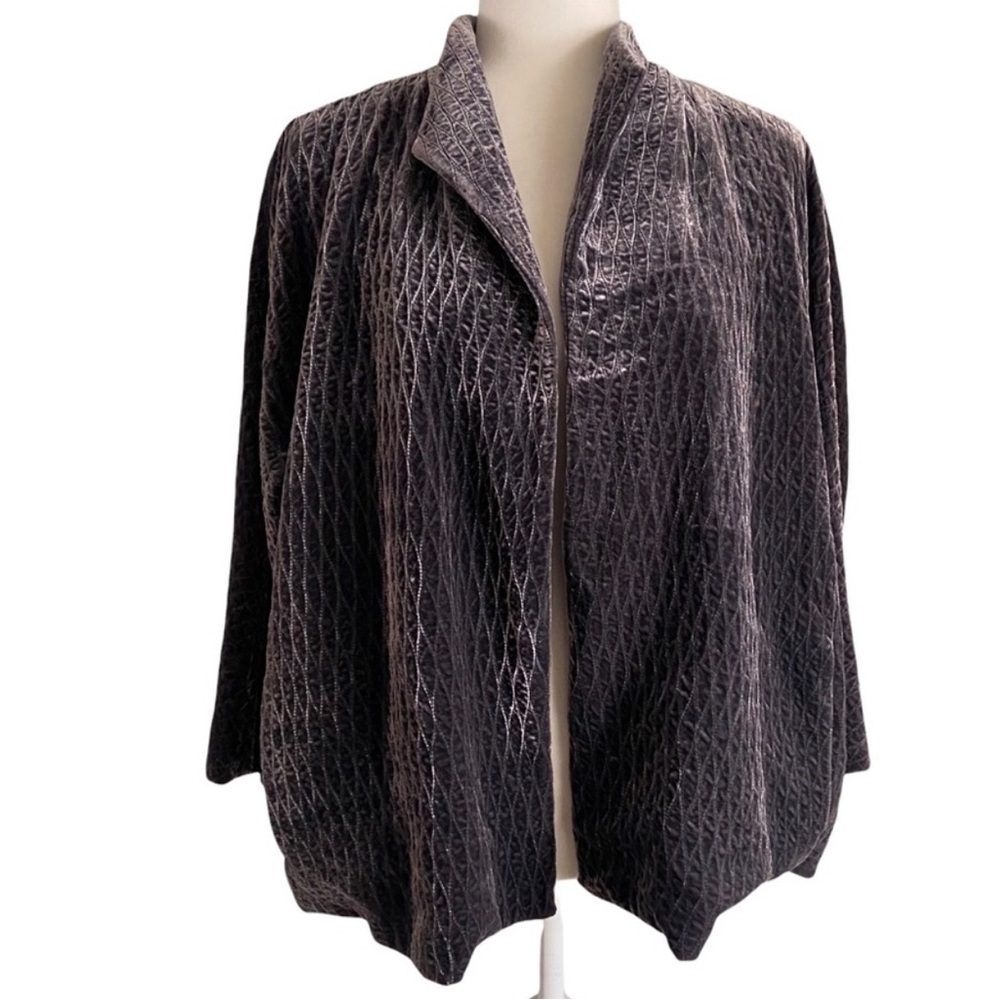 Eileen Fisher Jacket Women’s XL Silk Rayon Open Front Gray Velvet Blazer Lined